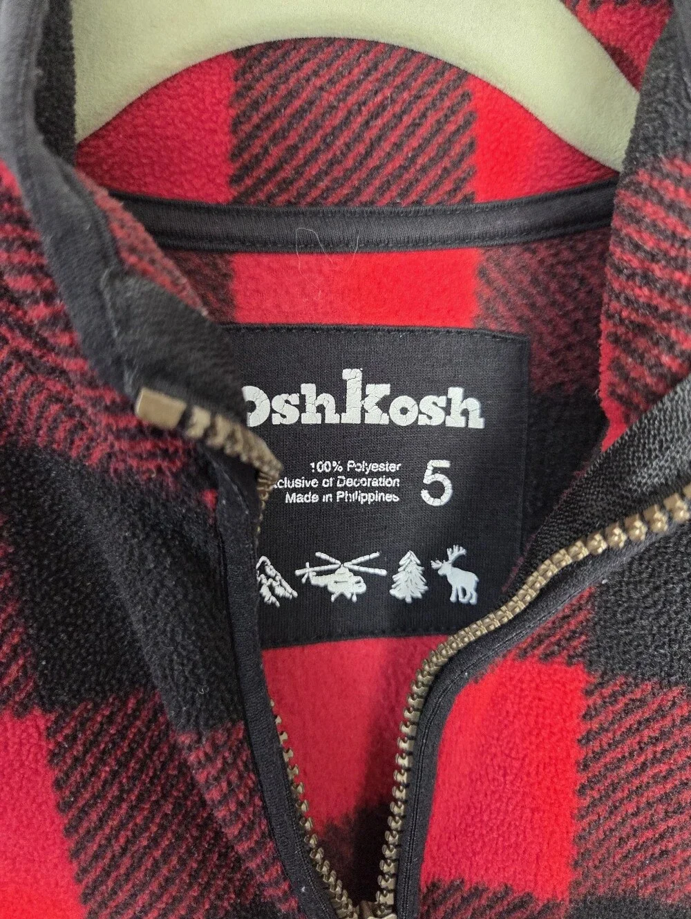 Oshkosh Buffalo Plaid Fleece Pullover Sweater Jacket Boys Size 5 Red Christmas